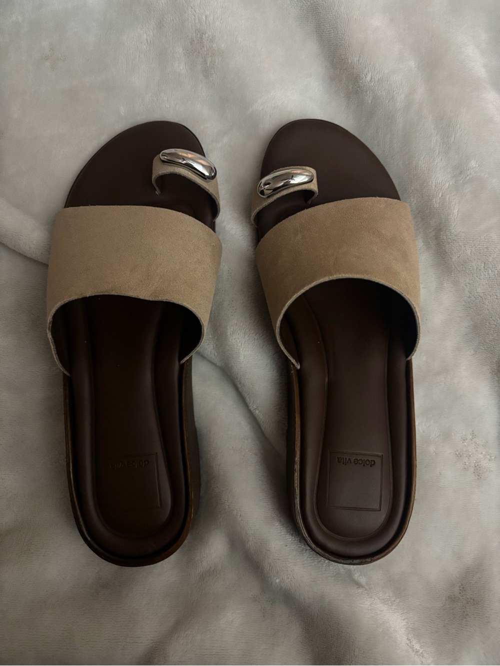 Dolce Vita Beige Suede Slide Sandals with Silver Accent - Picture 1 of 8